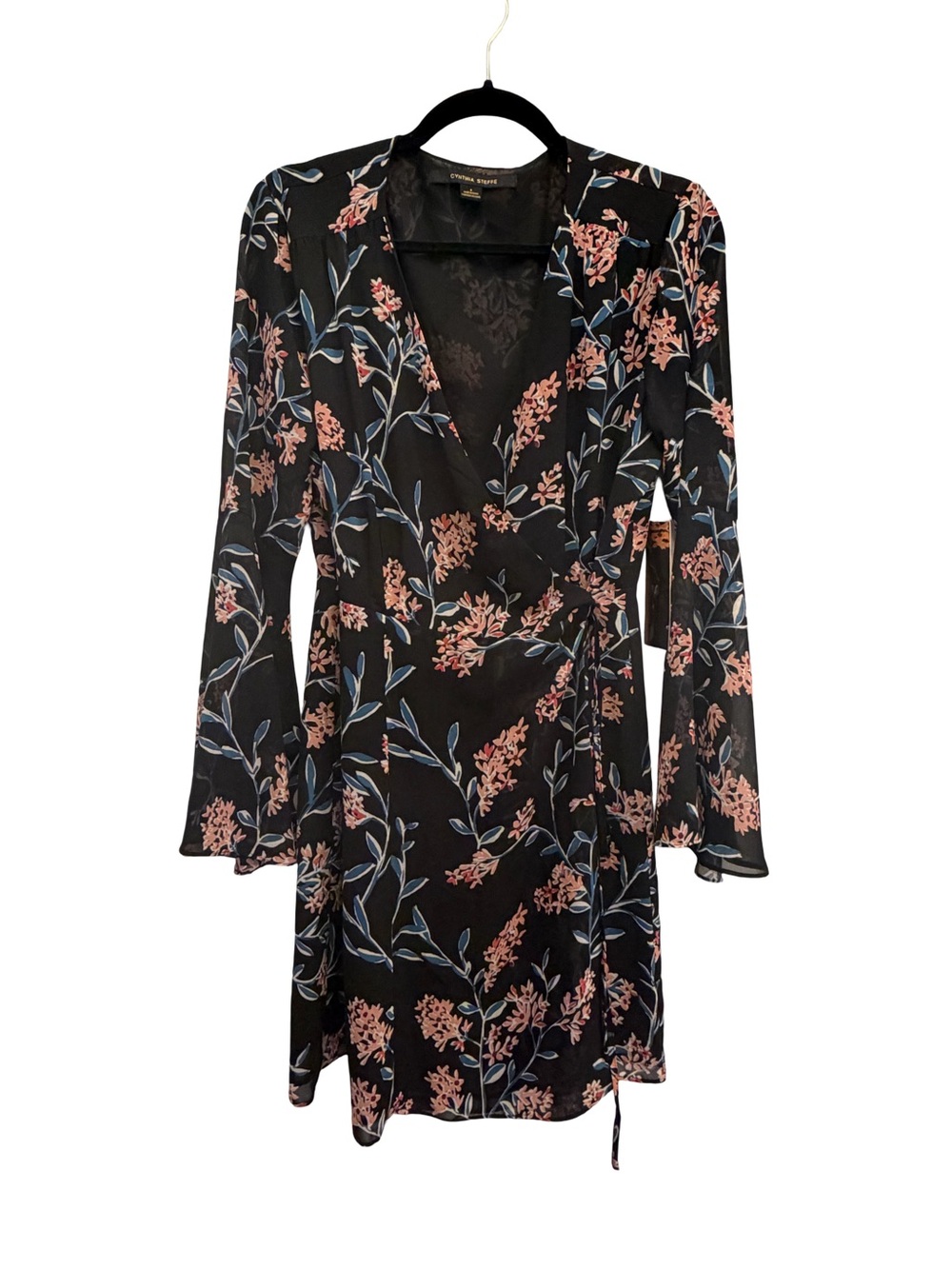 Cynthia Steffe Black Floral Wrap Trumpet Sleeve Dress Size 8 Tags Attached